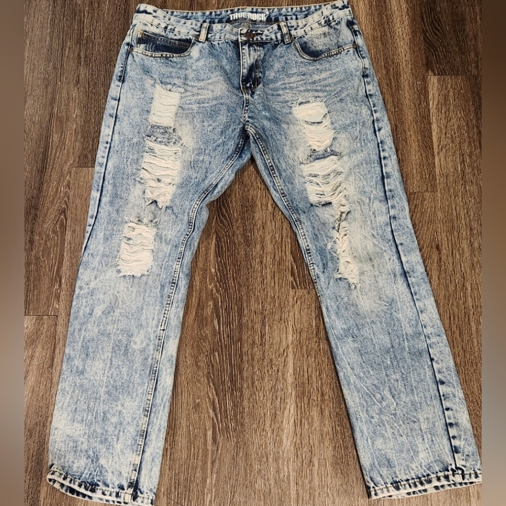 True Rock Men’s Distressed Jeans | Acid Wash Denim | Like New